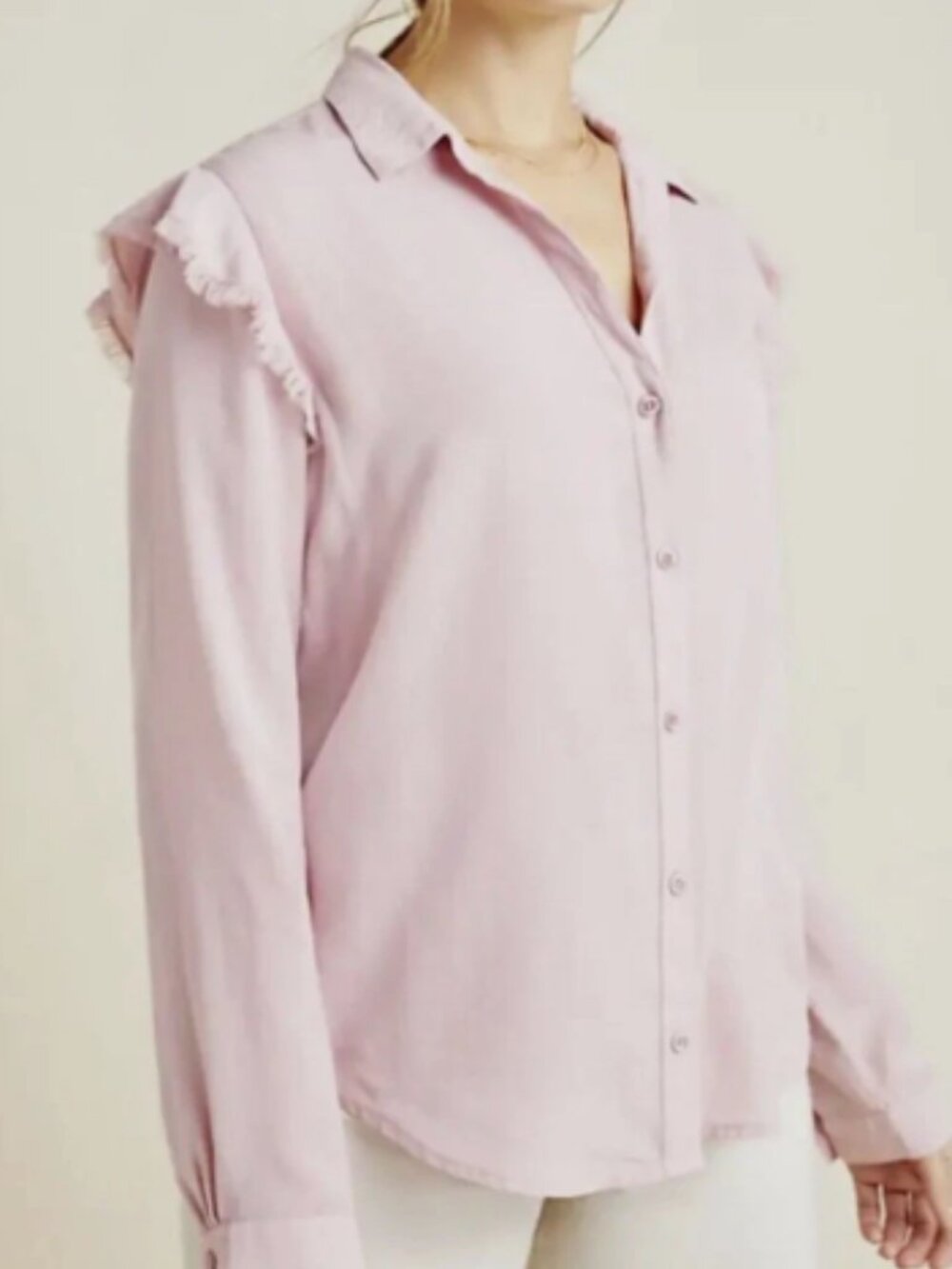 Anthropologie Cloth & Stone Shirt Blouse Pale Pink Frayed Ruffle Shoulder EUC S